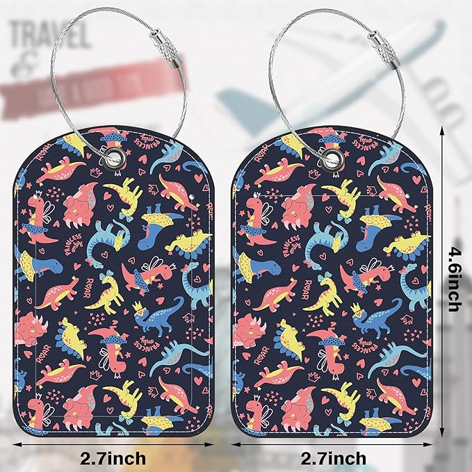 Colorful Dinosaur Leather Luggage Tag for Suitcase 2 Pack Luggage Tag with Privacy Name ID Label and Stainless Steel Loop for Travel Bag Suitcase