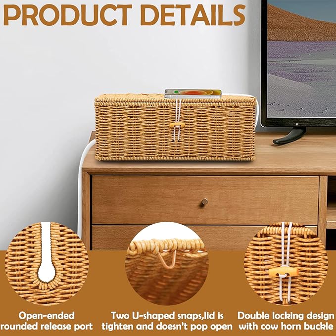 Cable Management Box, Handmade Imitation Rattan Cord Cable Organizer, Open Slots Cords Hider Box Under Desk Cord Organizer for Computer Router USB Hub & Power Strip