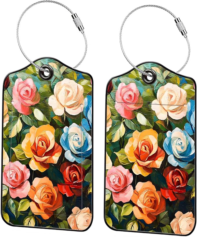 Luggage Tags for Suitcases, 2-Pack PU Leather for Cruise & Travel, Baggage ID Tags with Privacy Cover & Address Card, Durable Metal Ring, Kids Adults Travel Accessories, Painterly Roses