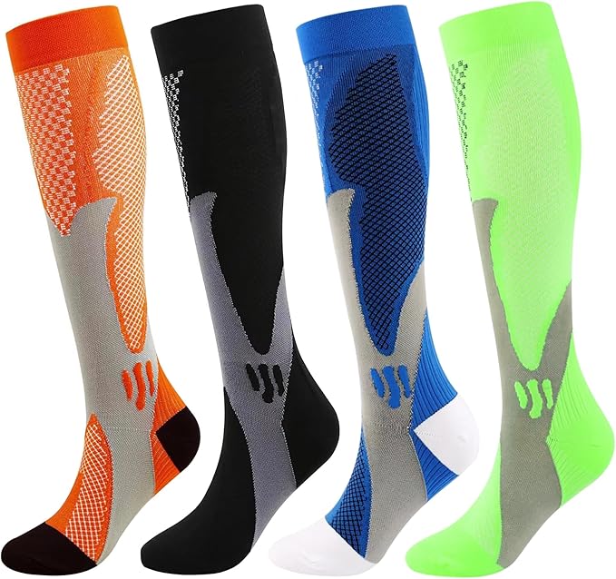 Kickticks 4 Pairs Compression Socks for Woman & Man Unisex 20-30mmHg Knee high Plus Size Wide Calves for Flying Running…