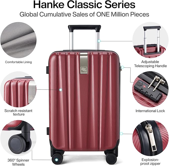Hanke Luggage Sets 3 piece Carry On Luggage with Wheels PC Hard Shell Suitcases Lightweight Checked Tsa Luggage Extra Large Travel Suitcase Woman Men 20/24/29 Inch（Burgundy）