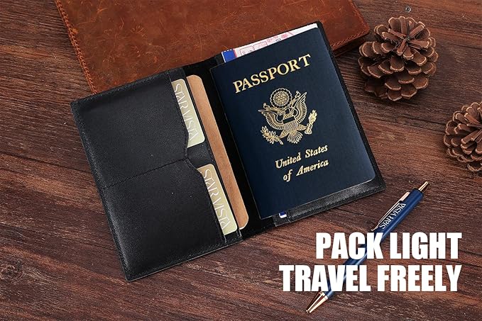 STAR VISTA Albatross Leather Travel Passport Holder, Minimalist Design, Calfskin Leather Case for Women and Men - Slim Passport Wallet, Bifold, RFID Blocking, with AirTag Holder, Black