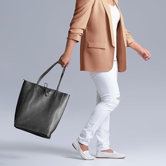 Italian Calf Leather Tote for Women with Zipper, Inner Pocket & Flat Base | Soft Unlined Shopper for Work & Travel