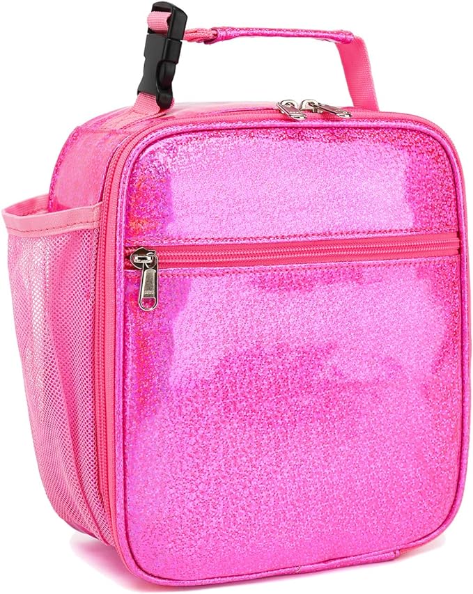 FlowFly Kids Lunch box Insulated Soft Bag Mini Cooler Back to School Thermal Meal Tote Kit for Girls, Boys, PU Pink