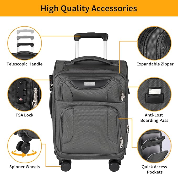3-Piece Softside Expandable Luggage Set with Front Open Pocket, Lightweight and Durable Oxford Fabric Suitcase Set with TSA Lock (Gray, 20in/24in/28in)