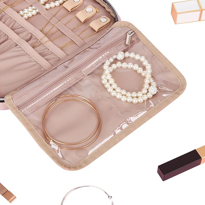 BELALIFE Travel Jewelry Organizer, Portable Storage Case for Earrings, Rings, Necklaces, Bracelets, Pink