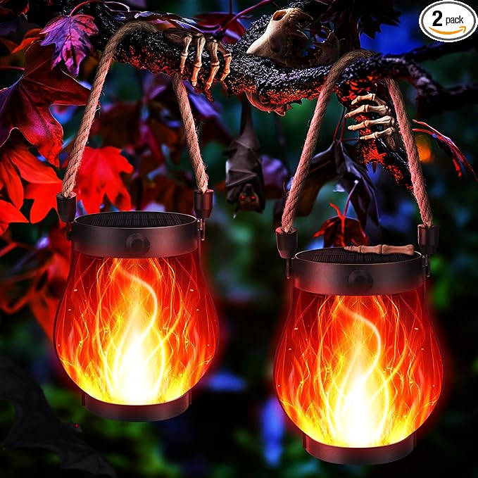Halloween Solar Flame Lantern Hanging Outdoor Waterproof Purple - 2 Pack Flame Lanterns with Dual Charging Modes of Solar & USB for Garden or Yard Halloween Decorations (Red - 2 Pack)