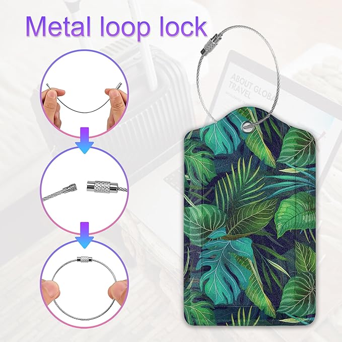 Summer Luggage Tag for Suitcase,Green Palm Leaves Tropical Plants Unique Travel Tags with Privacy Cover ID Label & Stainless Steel Loop for Men Women