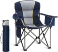 HIGH POINT SPORTS Oversized Portable Folding Camping Chair, Blue, 450 LBS Support, Sports Lawn Chair with Cup Holder and Cooler Bag