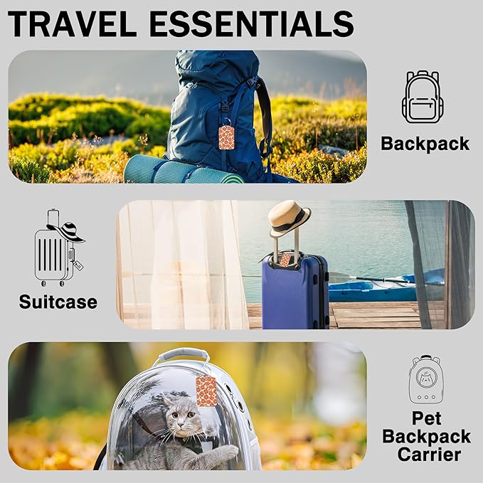 2 Pack Luggage Tags for Suitcases Orange Flowers Leather Luggage Tags Privacy Cover ID Label with Stainless Steel Loop and Address Card for Women Men Travel Bag Backpack
