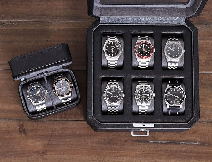 ROTHWELL Gift Box with 6 Slots Leather Watch Box and 2 Watches Travel Case - Storage Box Holder with Glass Top (Black/Grey Gift Box)