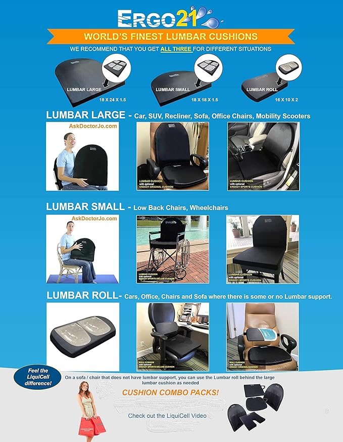 Neck & Back Support Lumbar Roll Made of Liquid Filled Membranes | Chair Back Support at Home, Office Chairs, Bed | Relief from Lower Back Pain, Neck Pain| Size, (16”W x 10”x 2”)