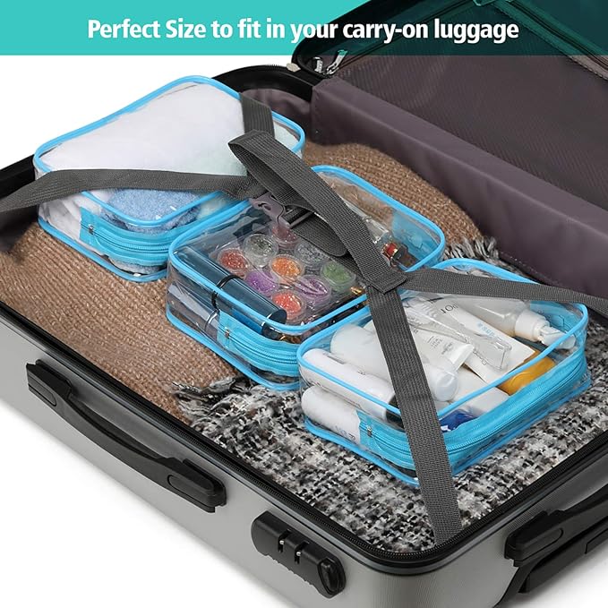 Packism Clear Makeup Bag - Waterproof TSA Approved Toiletry Bag Quart Size Bag, Clear Makeup Bags with Zipper, Carry on Airport Airline Compliant Pouch, 3 Pack, Blue