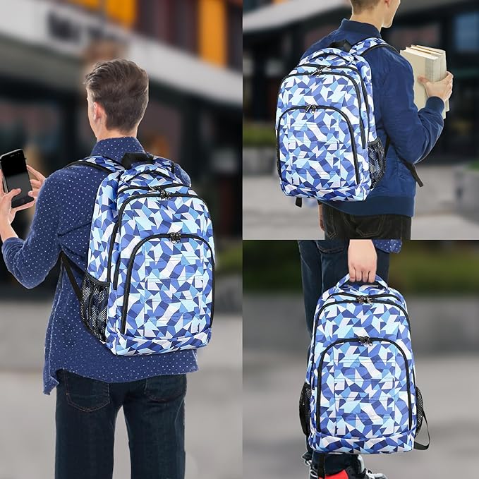 Della Gao College Laptop Backpack with Pencil Case, Digital Check Pattern Travel Backpack for Men, Waterproof Computer Back Pack for Travel, Business, Work, College (Blue-RH, 15.6 Inch)