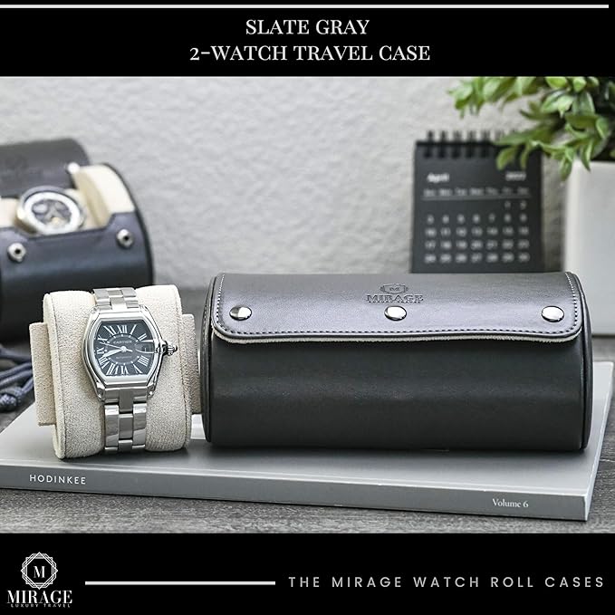 2 Watch Roll Travel Case for Men - Double Watch Case - Slate Grey/Ivory White Vegan Leather