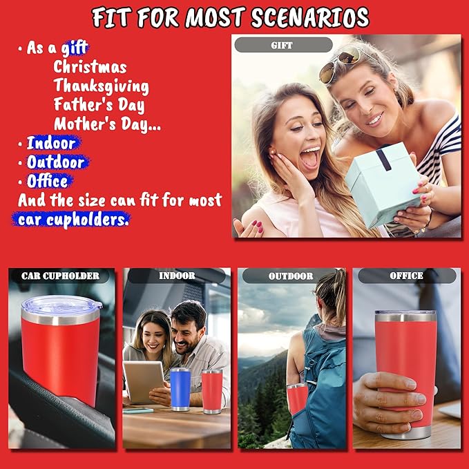 20 oz Tumbler with lid Double Wall Vacuum Insulated Tumblers Stainless Steel Coffee Mug Travel Coffee Tumbler Powder Coated Tumbler Cup Keep Hot&Cold - (Red 6 Pack)