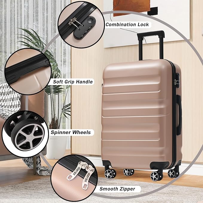 Merax Luggage Set 6 Piece, Hardshell ABS Suitcases with 8 Silent Spinner Wheels, Durable and Lightweight Travel Luggage for Family Trips, Champagne