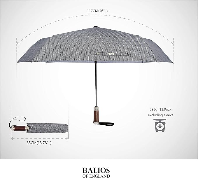 Balios (Designed in UK) Travel Umbrella Luxurious Golden Hardwood Handle Auto Open & Close Windproof Frame Single Canopy Automatic Folding Umbrella Men's & Ladies