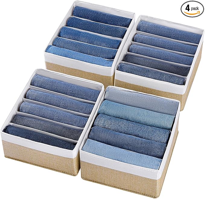 Jeans Drawer Organizers for Clothing,5 Grids Compartment Wardrobe clothes organizer,Fabric Washable Closet Organizers and Storage Bins for Jeans,Pants,Bra,Legging,t-shirt-BeigeWhite