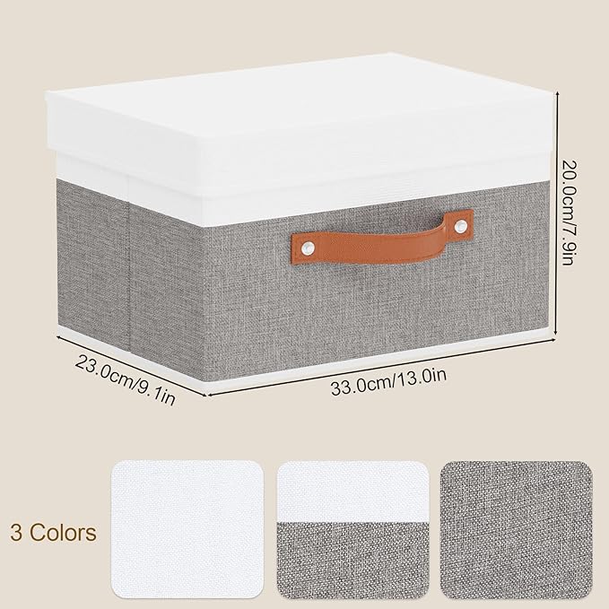Fabric Storage Boxes with Lids, Linen Foldable Cloth Baskets, Closet Organizer Containers with Double Handles, Sweater Bins for Bedroom, White and Grey, 5 Pack, 13 x 9.1 x 7.9 Inch