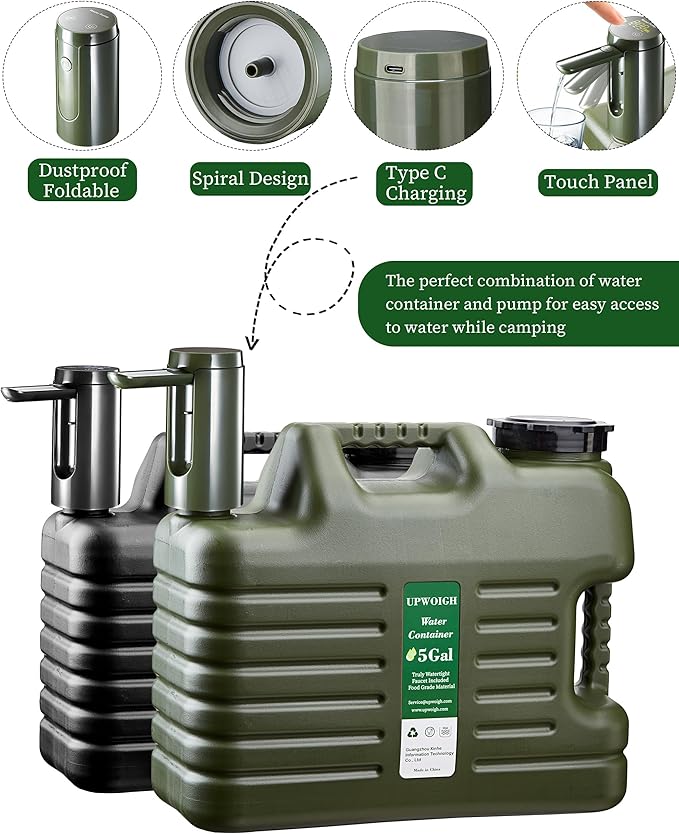 Portable 5 Gallon Water Jug with Automatic Touch Control Pump,Truly No Leakage Water Container with Spigot,Type-C Rechargeable Black Water Pump Gear for Outdoors Camping Hiking