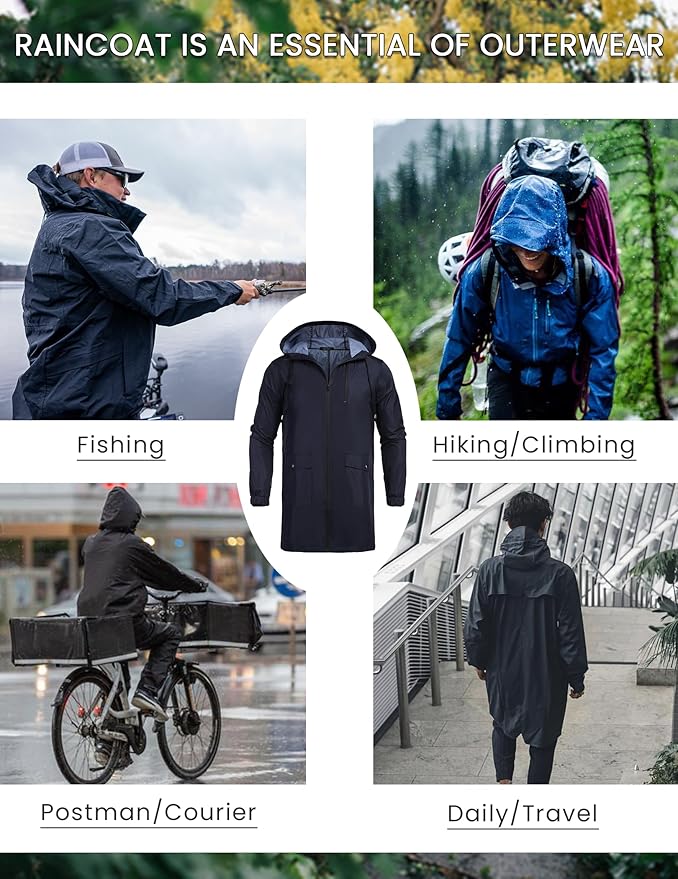 COOFANDY Men's Long Raincoat Ligtweight Rain Jacket Waterproof Outdoor Jackets with Hood