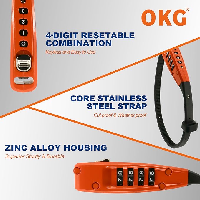 OKG 4-Digit Combination Zip Tie Lock - Anti-Scratch Stainless Steel Cable Bike Lock with Resettable Code, Secure Helmets, Skis, Prams, Luggage, Cabinet, French Doors, and More (Orange)