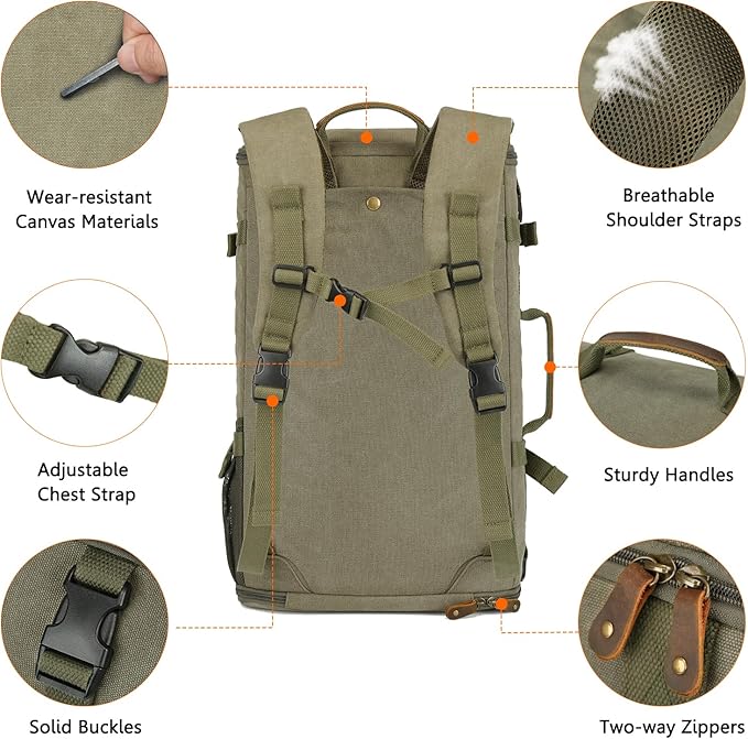 G-FAVOR Travel Backpack for Men, 40L Flight Approved Carry On Backpack, Water Resistant Canvas Rucksack with 17.3" Laptop Sleeve, Convertible Duffel Bag for Airplane, Business & Travel