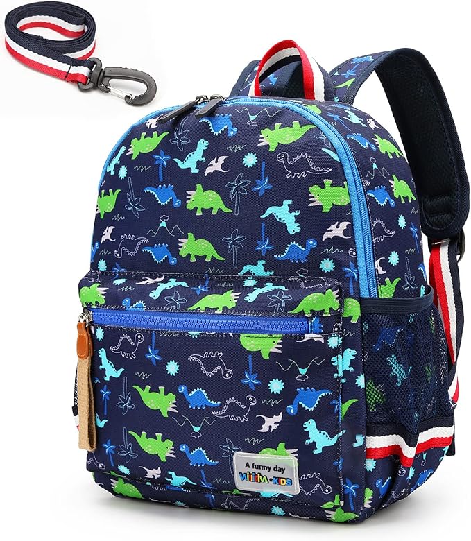 willikiva Cartoon Bus 12 Kindergarten Backpack for Kids Girls and Boys,Waterproof Preschool Toddler Backpack Wiht Leash and Safety Harness (Green Dinosaur)