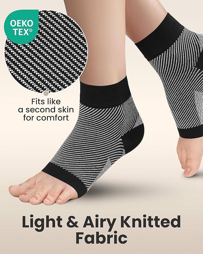 KEMFORD Ankle Compression Sleeve - Plantar Fasciitis Braces - Open Toe Compression Socks for Swelling, Sprain, Neuropathy, Foot Arch Support for Men and Women - 20-30mmhg, M, Black and White