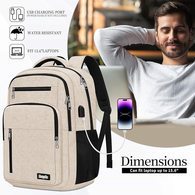 Beige Backpack for Men Women, School Backpack for Boys Girls Teens, 15.6 Inch Laptop Backpacks with USB Port, Water Resistent Book bag, Work College Bookbag, back pack, Mochila para hombre