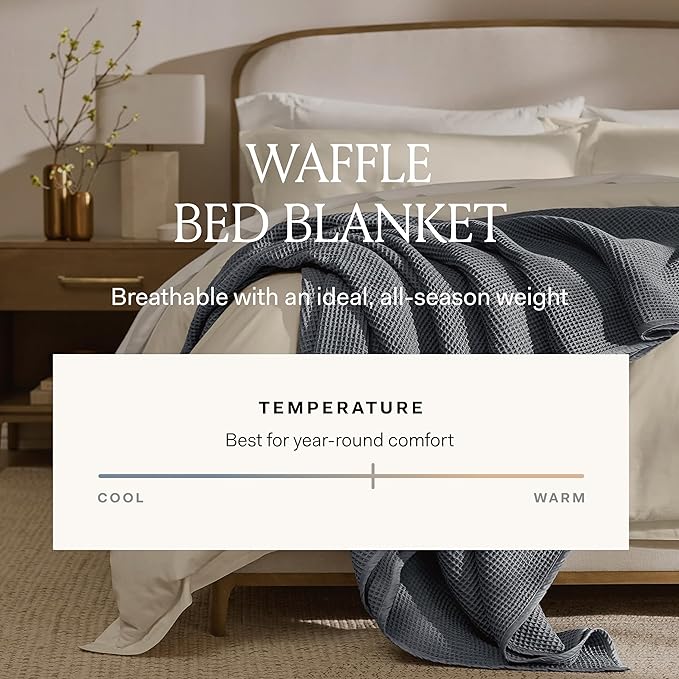 BOLL & BRANCH Waffle Bed Blanket - King/Cal King, Mineral - Luxury 100% Organic Cotton - Soft, Lightweight and Breathable - Textured Waffle Weave
