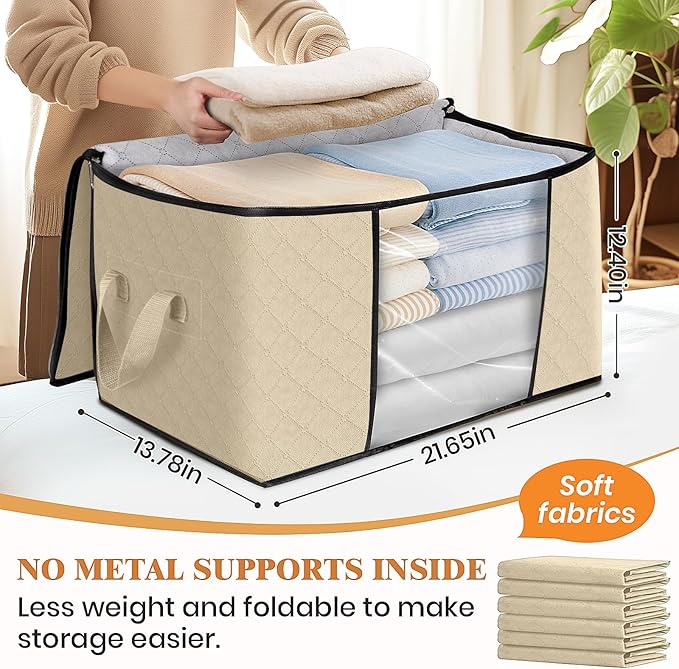 Fab totes 6 Pack Clothes Storage, Foldable Thick Fabric Blanket Storage Bags, Containers for Organizing Bedroom, Closet, Clothing, Comforter, Organization with Handle,Beige