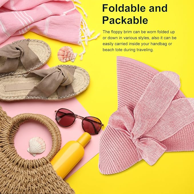 DRESHOW Beach Hats for Women Big Straw Wide Brim Summer Hat Floppy Foldable Roll up Cap Sun Hat UPF 50+