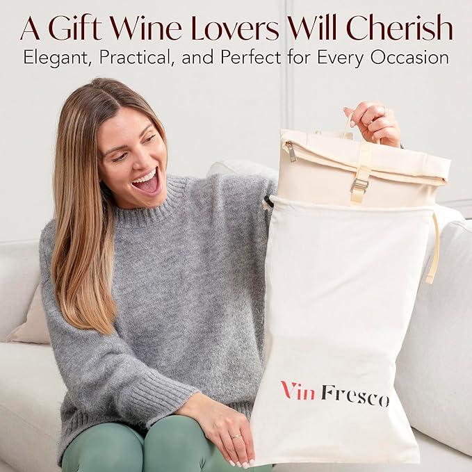 Two Bottle Rolltop Wine Tote Bag – Stylish PU Leather Wine Backpack with Matching Tumblers – Compact & Lightweight Wine Carrier with Padded Straps & Compartments for Travel & Picnics - Beige