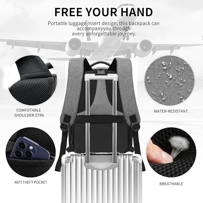 Grey Backpacks for Men, Backpack for School, School Backpack for Boys Teens, 15.6 inch Laptop Back Pack with USB Charging Port, College Book Bag, Business Work Travel Bookbag, mochilas para hombres