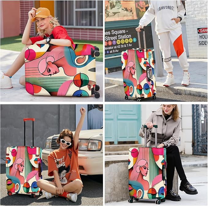 ANNA QUEEN Modern Art Fashion Luggage Cover, Stylish Abstract Woman Suitcase Protector, Washable, Stretchable Travel Sleeve for 28-30 Inch Luggage, Trendy, Colorful Design