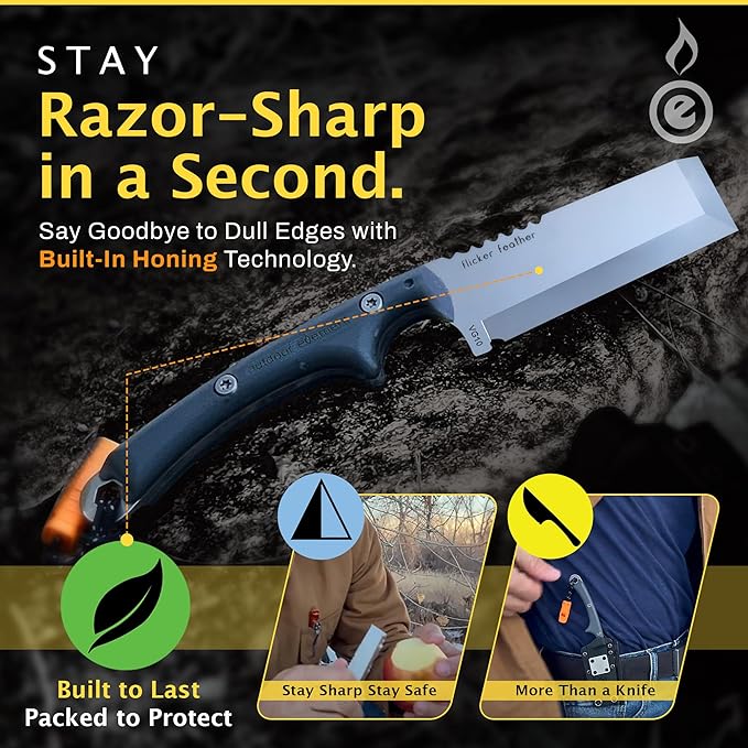 OUTDOOR ELEMENT Flicker Feather Knife - Right-Handed Survival EDC Chisel Blade for Camping, Hunting, Culinary Knives, and Bushcraft - Fixed Blade with Sheath, Firestarter, and Emergency Whistle