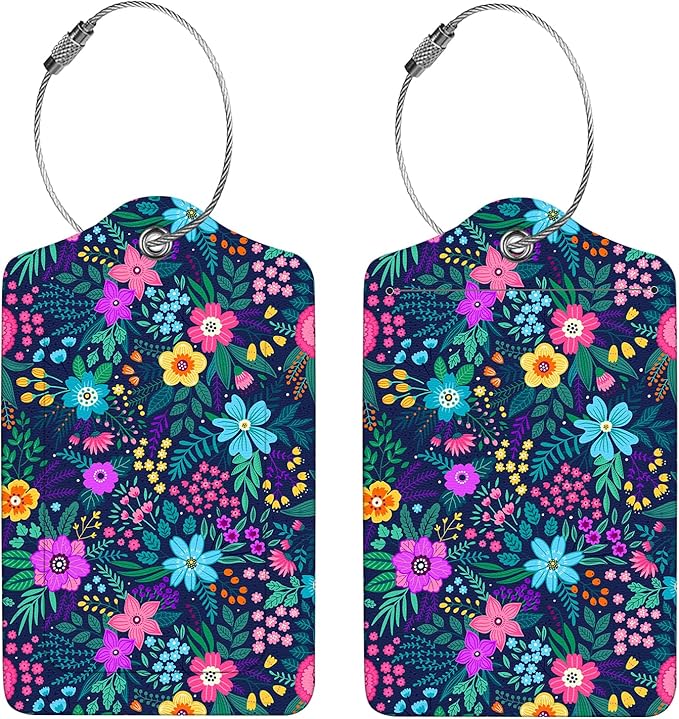 2 Pcs Luggage Tags for Suitcase, Cute Unique PU Leather Travel Bag Tag with Privacy Cover ID Label Address Card and Durable Metal Ring Suitable for Men Women Children Backpack,Purple Flowers