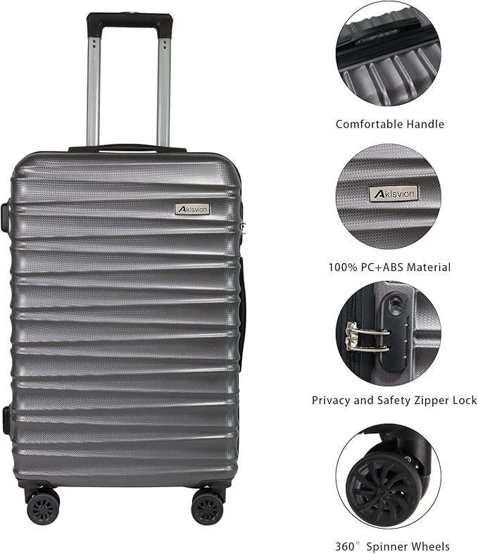 Luggage Sets 3 Piece(20/24/28)-Suitcase Set- Luggage with Wheels-PC + ABS Durable Lightweight Rotating hardshell suitcase 5PCS (Metallic Grey)…