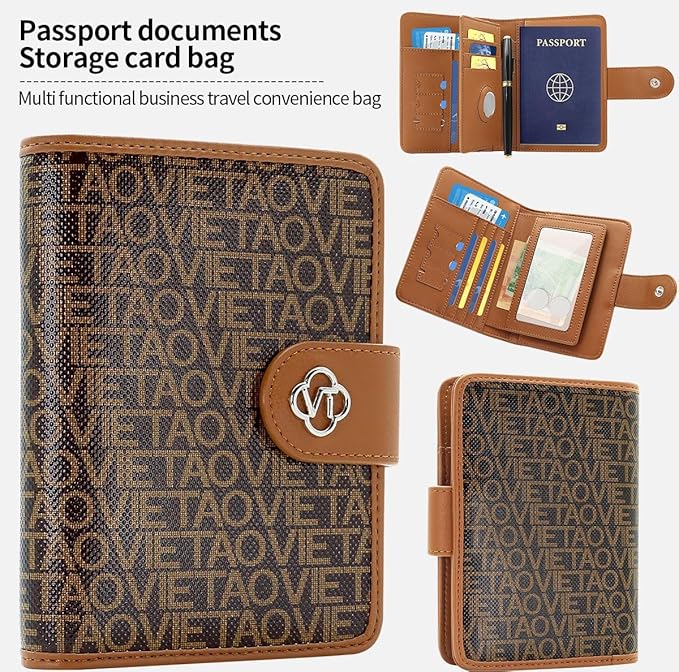 Passport Holder Wallet Bag with AirTag Holder, Card Slots Passport Solt Ticket Cash Solt, Photo Solt Sim Card Pen Slot.Brown