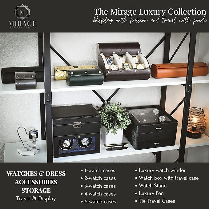 Watch Roll Case Organizer - Watch Travel Case for Men and Women - 3 Watch Carrying Case and Display - Jade Black with Mahogany Brown Interior Vegan Leather