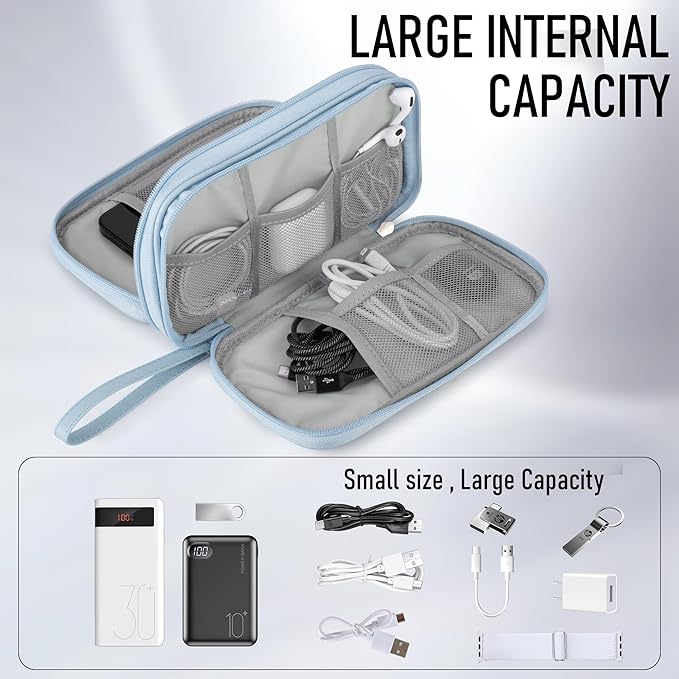 Leather Travel Electronic Organizer - Double Layer, Waterproof Case for Cables, Chargers, Phones & More - Portable, Shockproof Pouch for All Your Electronics Accessories (Light Blue, M)
