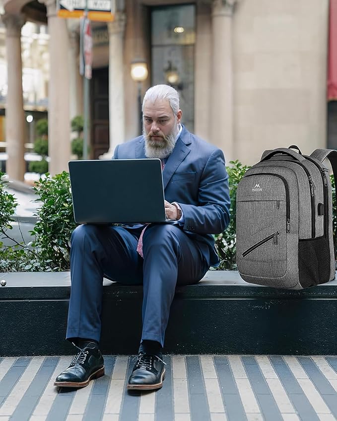 MATEIN Travel Laptop Backpack, 17 Inch Work TSA Approved Carry on Backpack, Large Computer Business Bag for Men Women with USB Port and Trolley Sleeve, College School Rucksack Book Bag, Grey