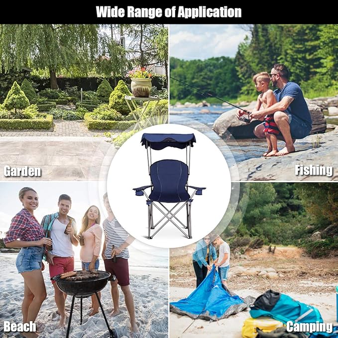 S AFSTAR Safstar Folding Camping Chair with Canopy, Portable Lawn Beach Canopy Chair with Cup Holder & Carry Bag, Load Bearing Up to 265LBS, Folding Chair for Outside Outdoor Travel Hiking Fishing