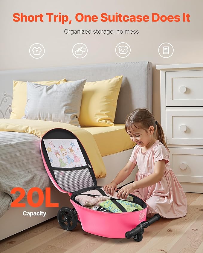 VEVOR Ride-on Luggage, 20 L Capacity, 20 Inches Kids Scooter Suitcase with Flash PU Wheels, Adjustable Handle & TPR Non-Slip Grip, Foldable & Lightweight Scooter Luggage for Kids Aged 5+, Pink