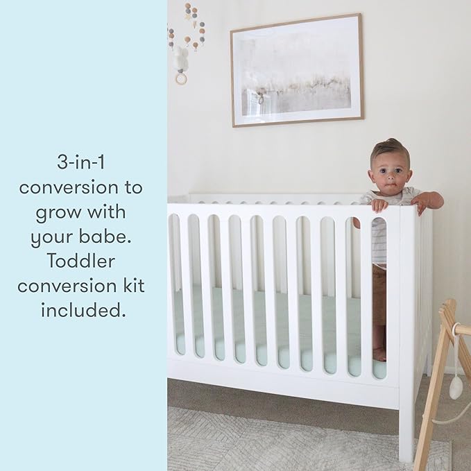 Newton Baby Galileo Standard Crib, Solid Beech Wood in White Color, 3-in-1 Convertible Crib with Toddler Bed Conversion Kit, Ultra-Safe Non-Toxic Finish