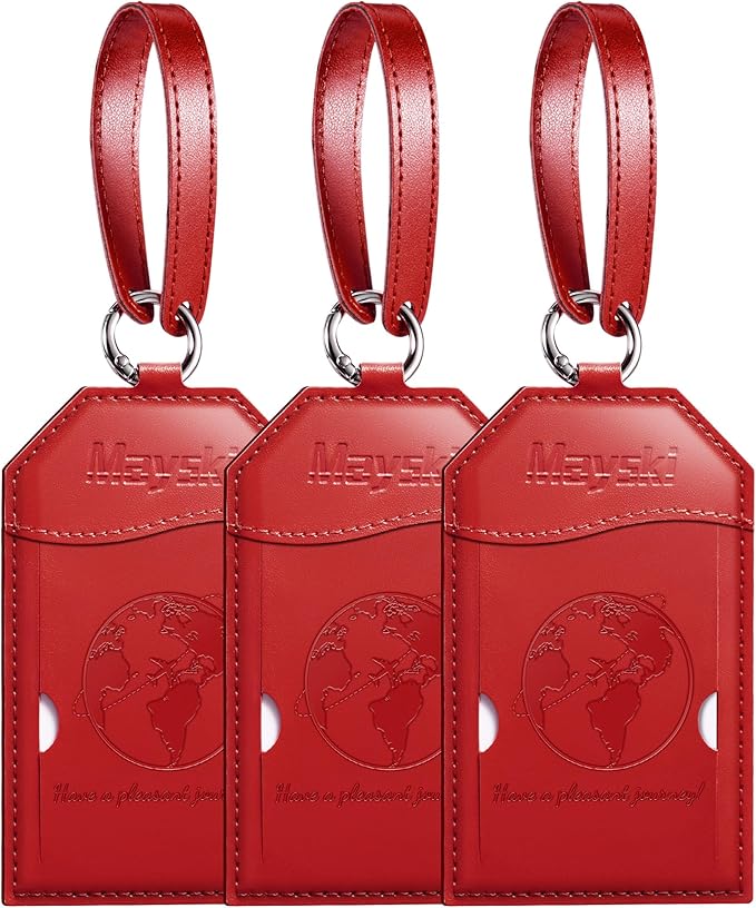 Mayski Luggage Tags for Suitcases 3 Pack Suitcase Bag Tags, TSA Approved, Metal Buckle, Bag Tags with Name ID Card Travel Essentials, Red Global