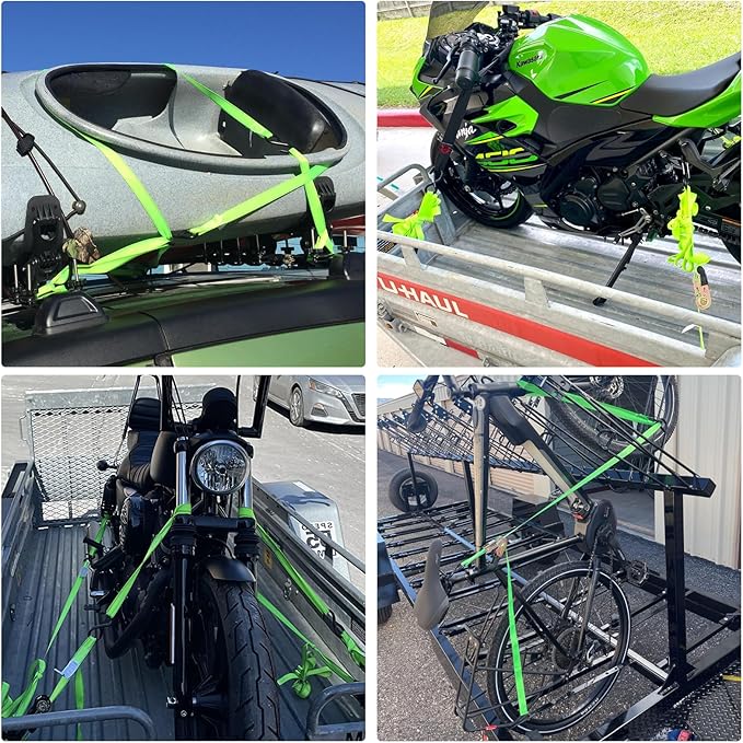 XSTRAP STANDARD Ratchet Tie Down Straps 4 Pk 10 Ft- 300 Lbs Load Cap- 900 Lbs Break Strength-Cargo Straps for UTV, ATV, Pickup,Truck, Moving Appliances, Lawn Equipment, Neon Green