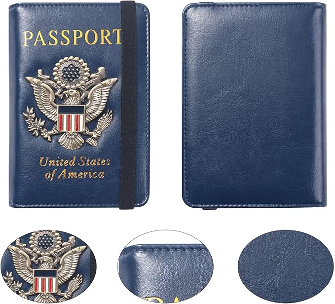 Passport Holder for Travel Passport Cover for Men Passport Wallet Case With 3D Metal Badge Protector Leather Card Case RFID Blocking Women Travel Accessories Document Organizer (Navy Blue)